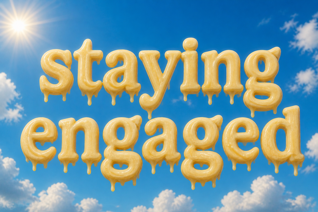 Melting words "staying engaged" against a sunny summer sky