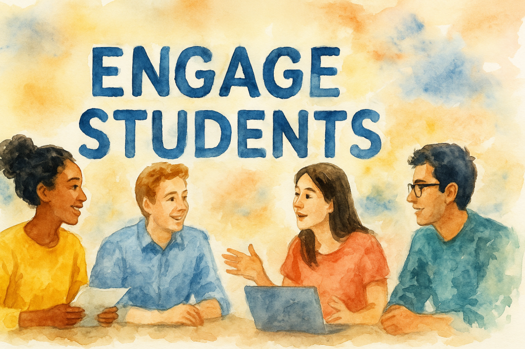 With an "Engage Students" title, a group of 4 students sit around a table and look to be working on a project together. 