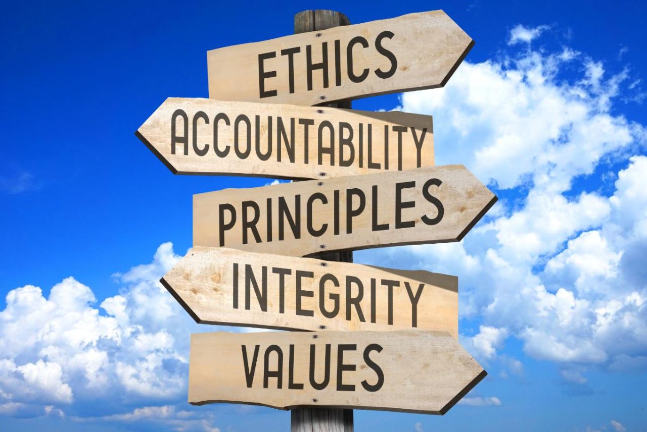 Road sign pointing to ethics, accountability, principles, integrity, and values.
