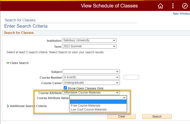 An example of a students view of options related to class selection criteria. The Affordable Course Materials Course Attribute dropdown includes Free Course Resources and Low Cost Course Resources as options for students to select when searching for classes.