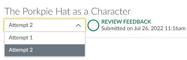 Dropdown menu showing two submission attempts to choose from.