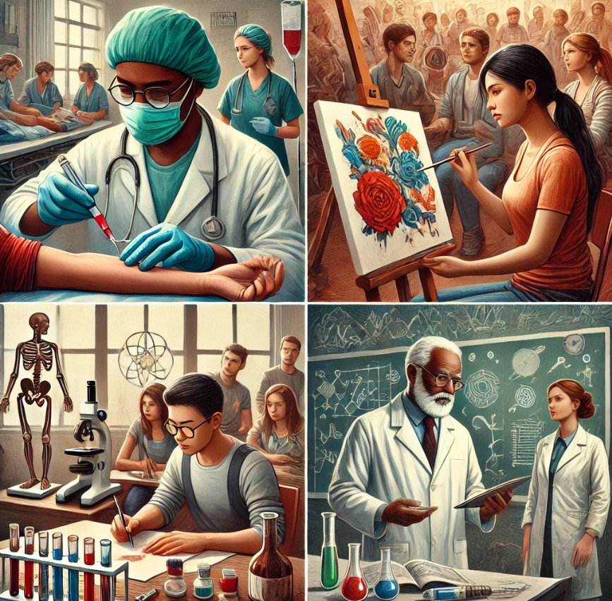Students applying skills to real scenarios such as drawing blood in a hospital, painting a floral still life, exploring lab results, and student teaching in a classroom.