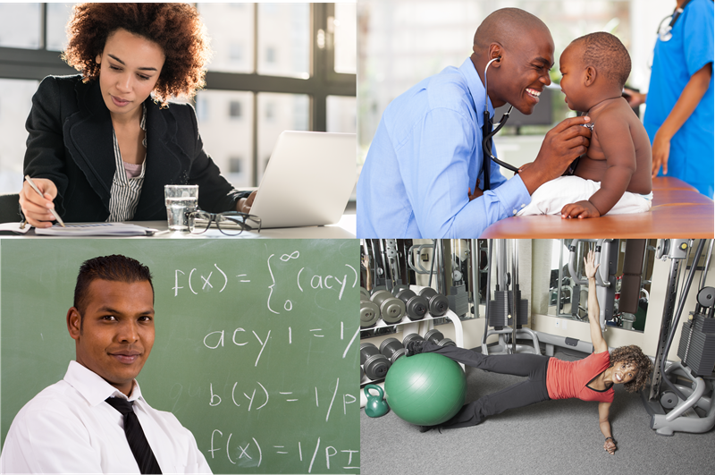African Americans at Work: top left female business executive, top write male doctor with baby, bottom left male math teacher and bottom right female personal training with exercise ball