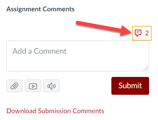 Assignment Comments in SpeedGrader showing with a comment icon highlighted and the number 2 next to it.