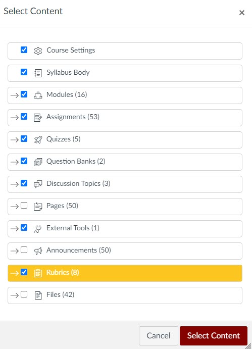 Select Content where Course Settings, Syllabus Body, Modules, Assignments, Quizzes, Question Banks, Discussion Topics, External Tools and Rubrics were selected. Pages, Announcements, Calendar Events and Files are not selected.