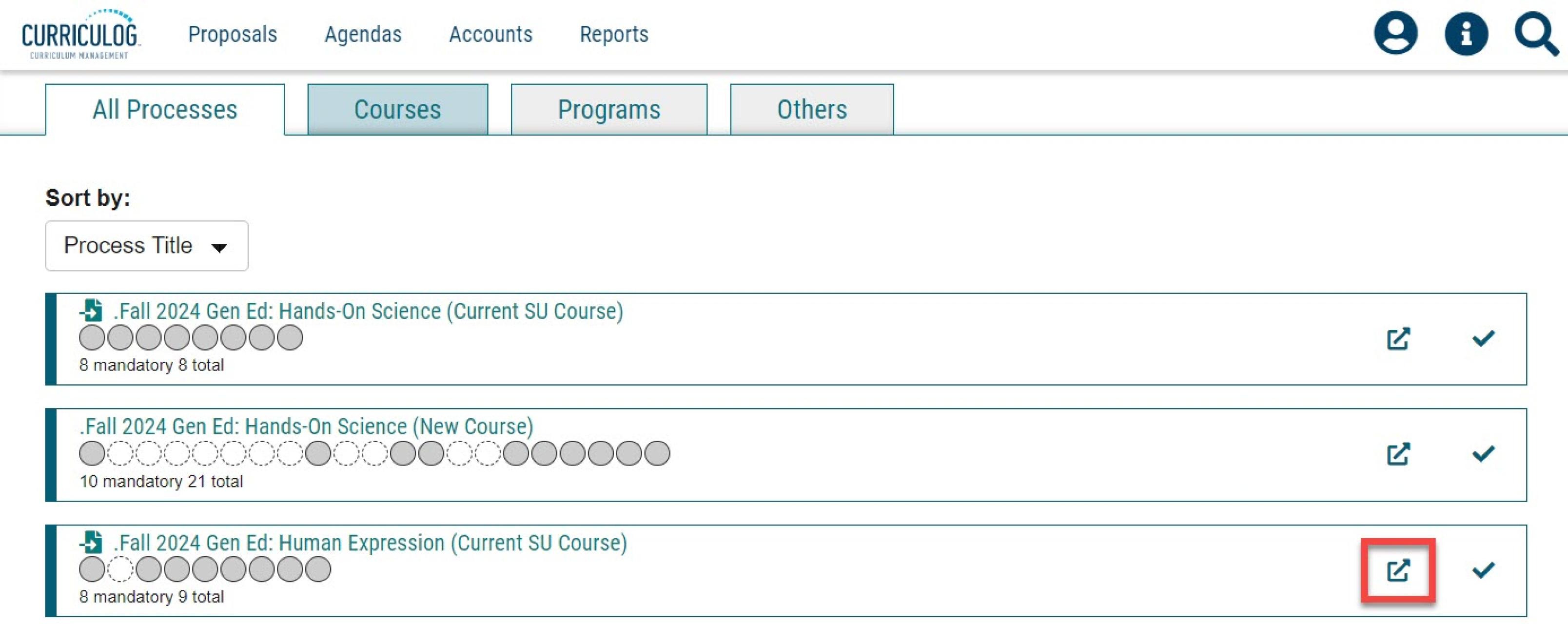 Curriculog proposals tab with Fall 2024 Gen Ed areas such as Hands-On Science and Human Expression listed and the preview option enhanced with a red box.