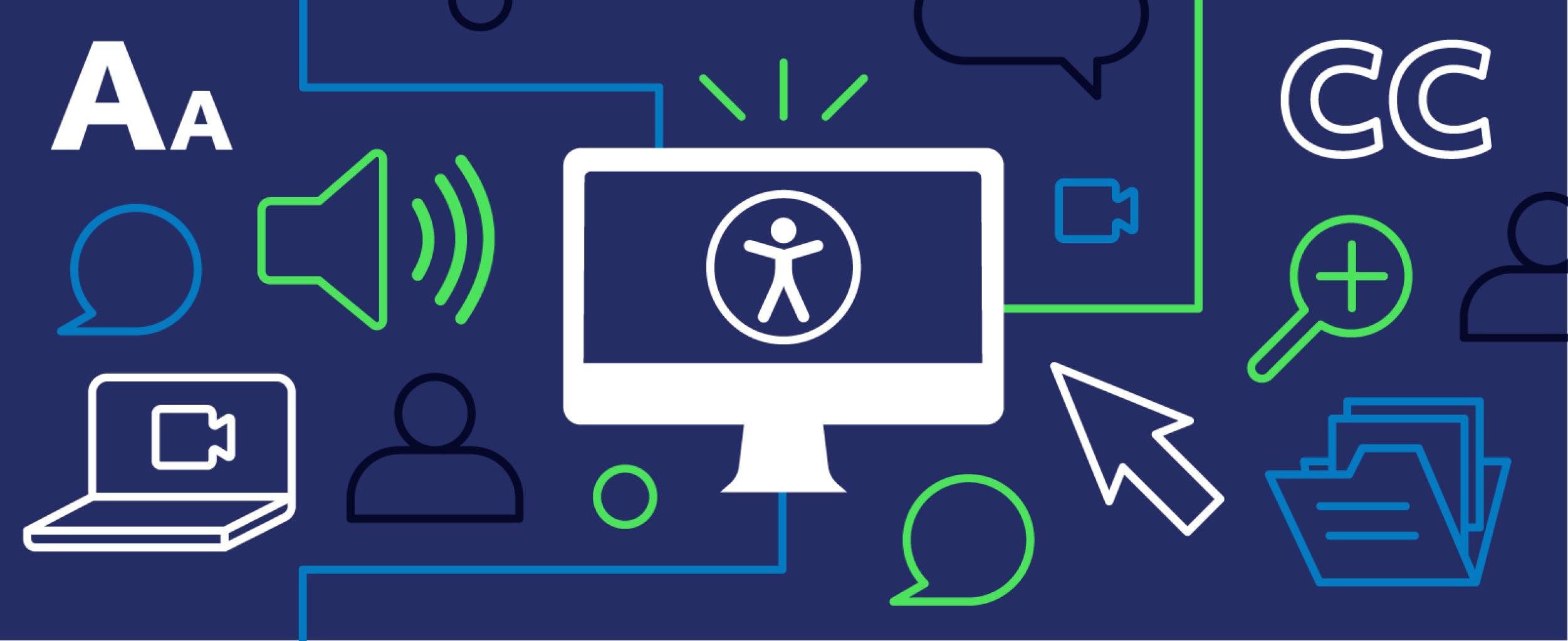 Digital accessibility collage highlighting files, sound, closed captions and technology.