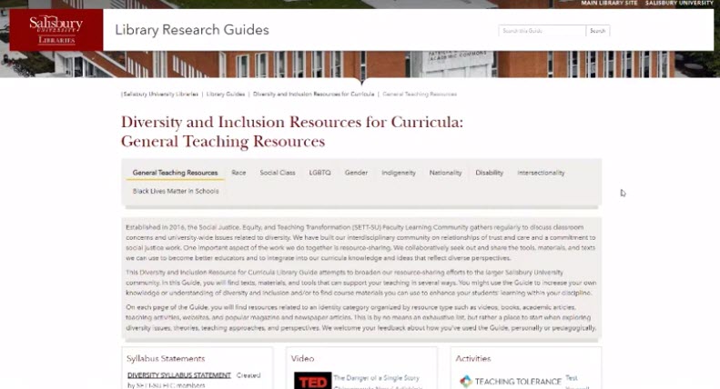 Salisbury Unviersity Diversity and Inclusion Resource Library guide homepage