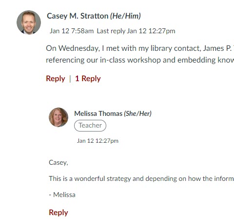 Example discussion redesign post with initial post and teacher reply