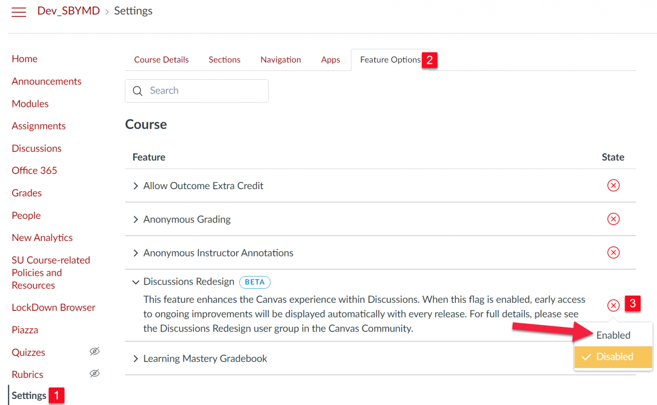 TheFeature Optionstab in Course Settings with the Discussions Dropdown tab showing an Enable/Disable dropdown menu.