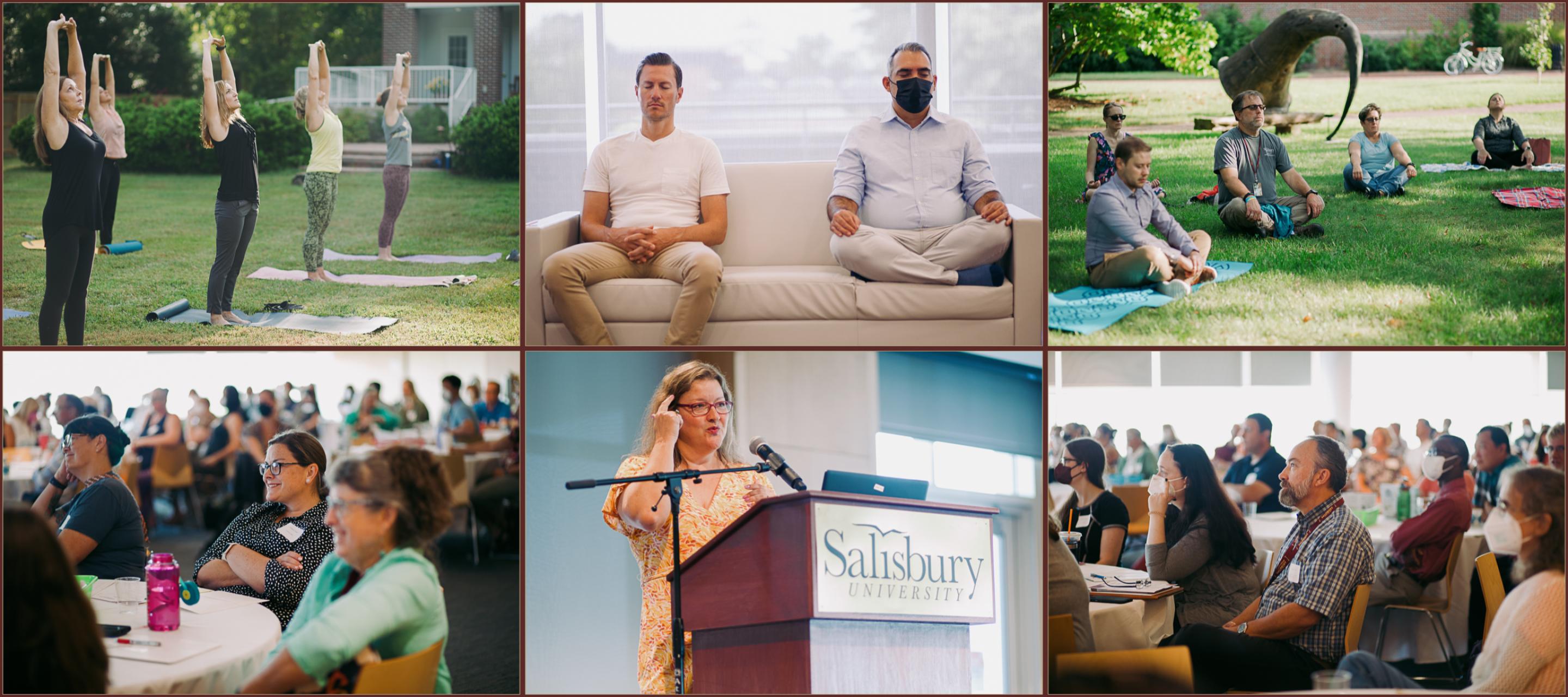 A grid of 6 photos showing Faculty Development Day participants  doing yoga, sound therapy, meditation, and listening to Heidi Fritz as she presents her keynote speech.