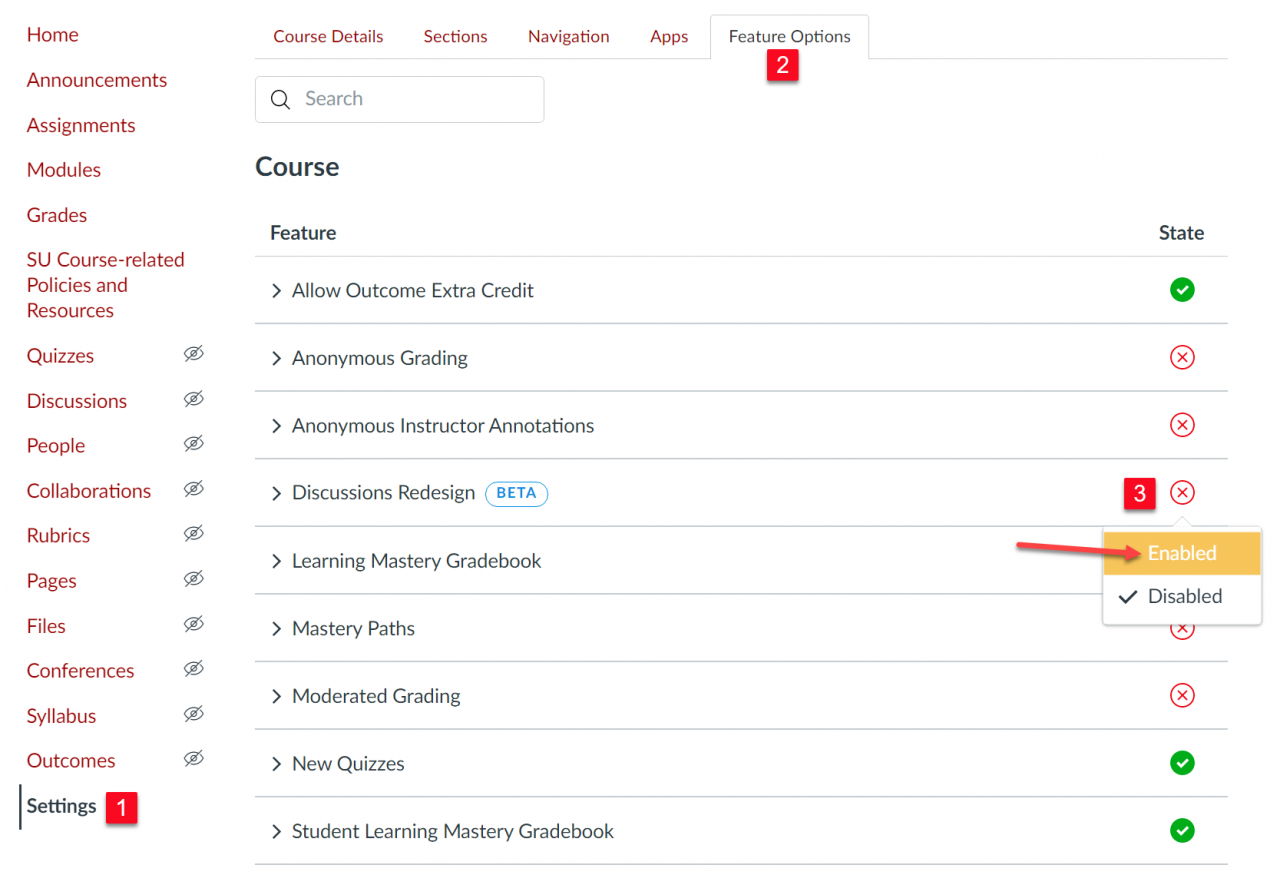 The Feature Options menu under Settings with the Discussions Redesign "Enable" option highlighted.