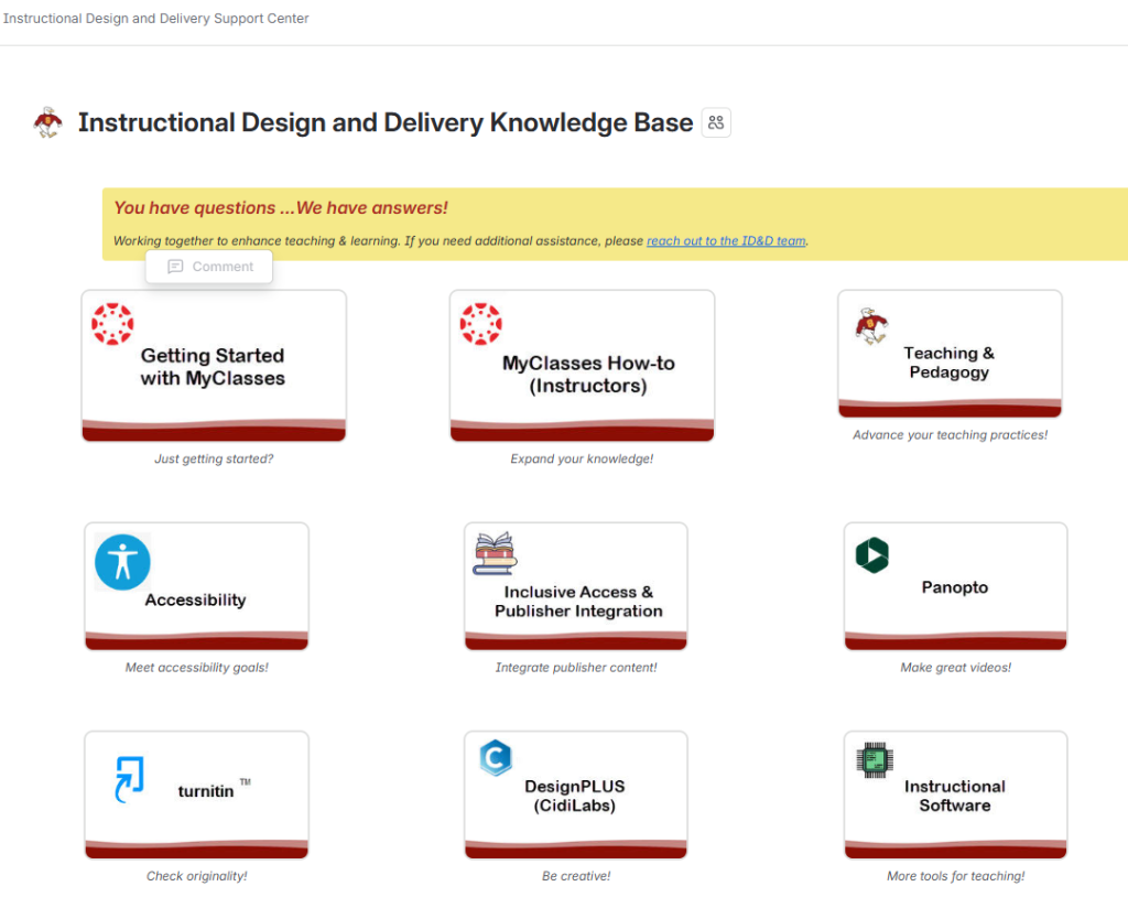 ID&D Knowledge Base homepage with three by three grid to link to topics such as Getting Started with MyClasses, Teaching & Pedagogy, Accessibility, Inclusive Access, and other instructional software.