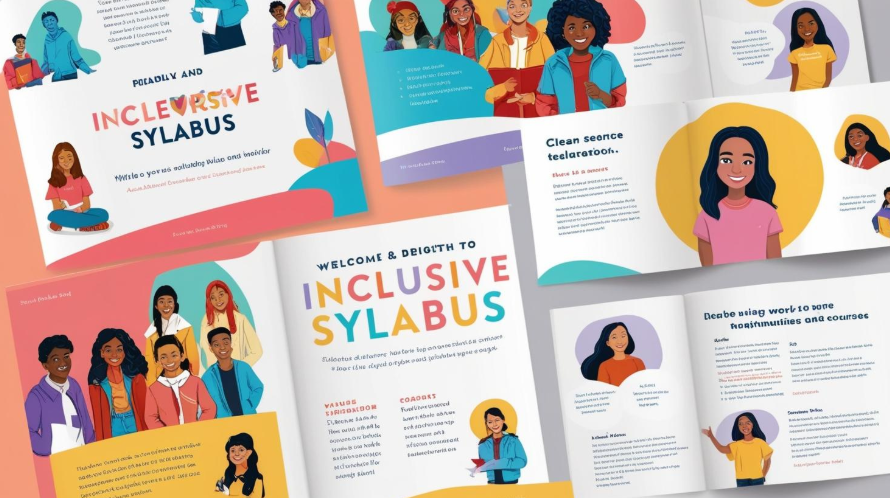 Cartoon style design of four open books with articles about inclusive syllabus