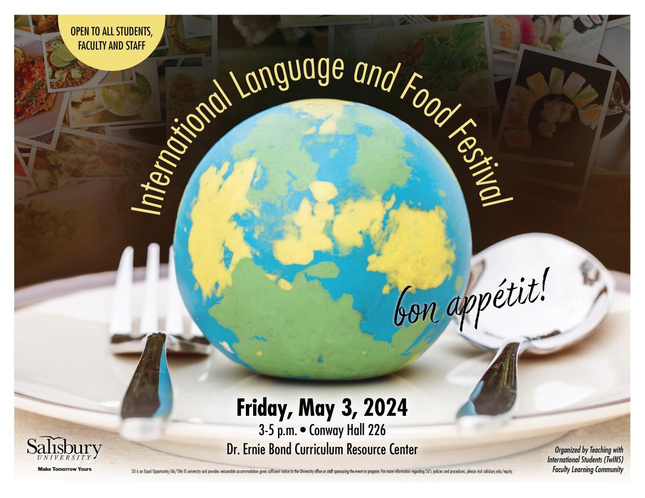International Language and Food Festival headline picture  with global globe,  plate , spoon, and fork