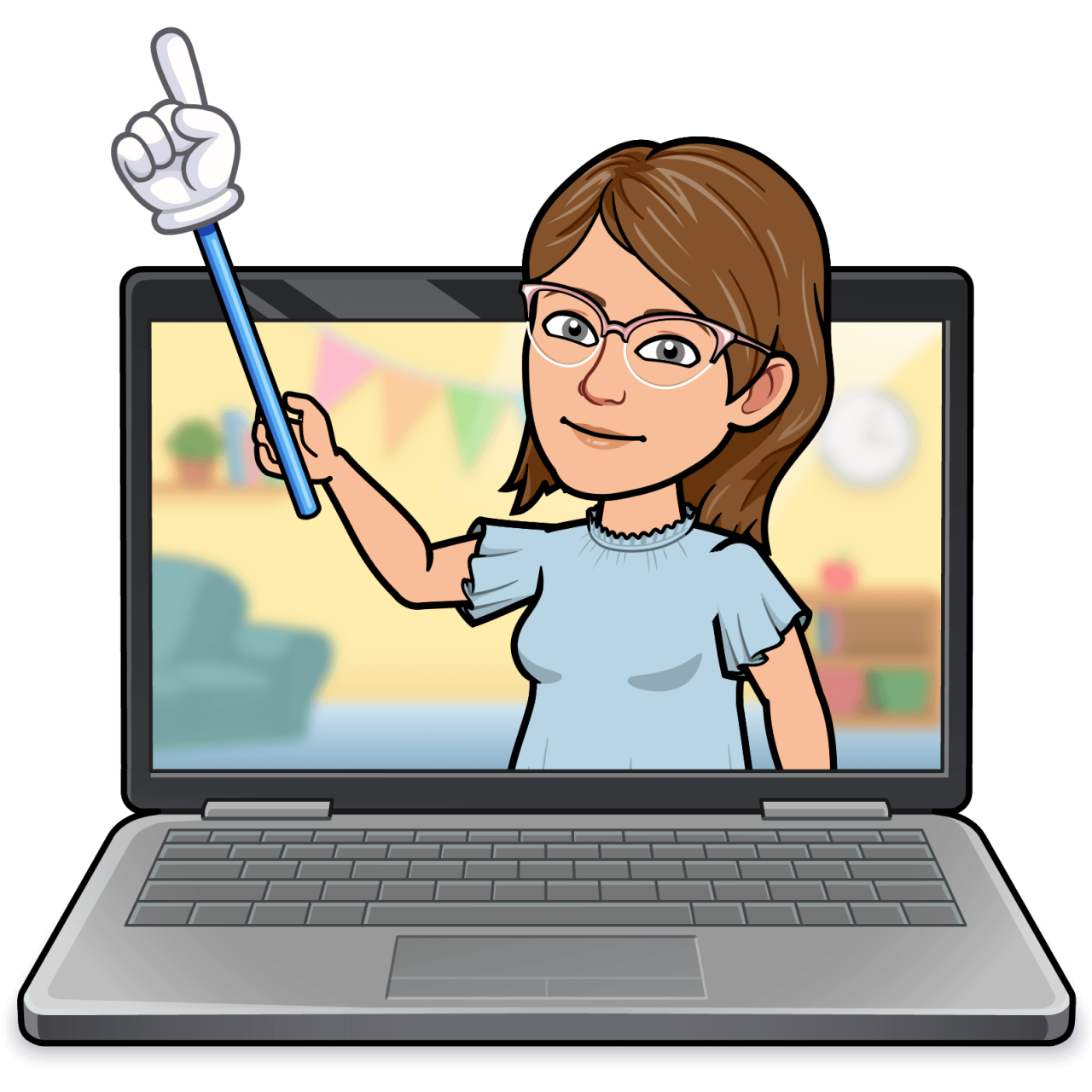 Haley Cristea bitmoji emerging from a computer pointing to the Teaching Tip