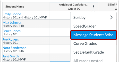 Canvas gradebook dashboard displaying student names and their classes