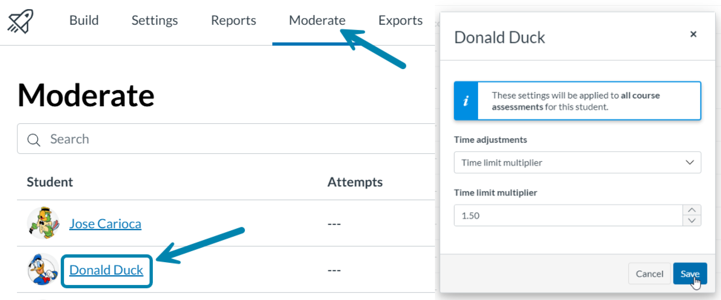 In New Quizzes, select Moderate tab, then student name, then select Time Multiplier for time adjustments and then enter the amount of extra time needed.