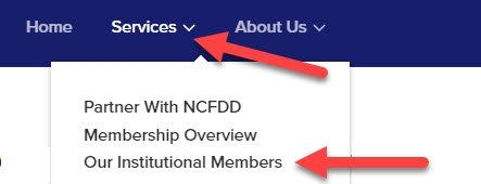 The Services dropdown menu on the NCFDD site is extended with the Institutional Members link highlighted.