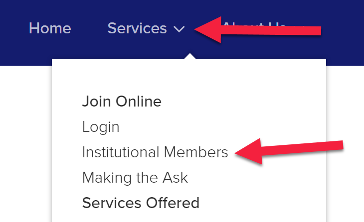 The Services dropdown menu on the NCFDD site is extended with the Institutional Members link highlighted.