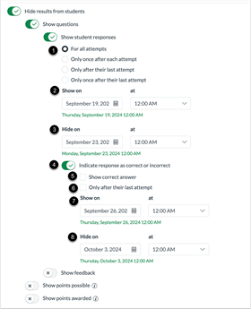 Hide Student Results settings expanded in New Quizzes