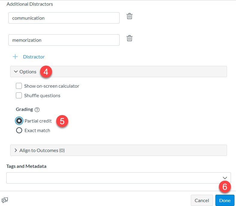 New Quizzes matchin question options with a Partial Credit option under Grading.