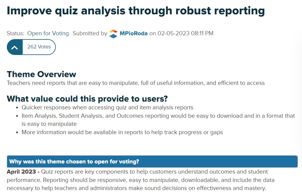 Improve quiz analysis through robust reporting theme in Canvas with details about suggestion and a vote button.