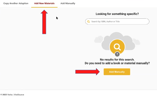 VitalSource Book Adoption page where the Add New Materials tab is selected and the option of Add Manually is recommended for faculty to select.