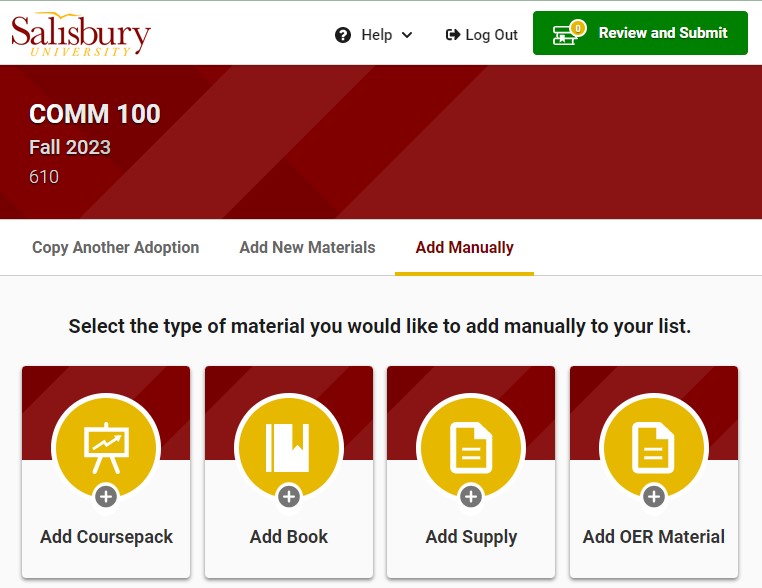 The library course materials  adoption screen is open to the Add Manually tab with the Add OER Material button as an option