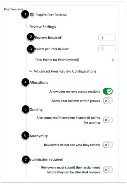 Peer Review settings where Allocations allow peer reviews across sections is enabled.