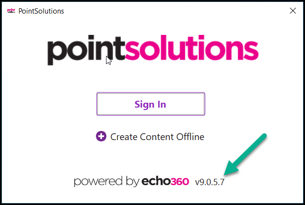 PointSolutions log in window with an arrow pointing out the version number (v9.0.5.7)