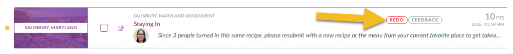 Dashboard list view item of an assignment with a "Redo" indicator added next to a "Feedback" indicator in the assignment details.