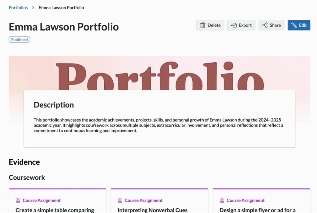 Example Showcase porfolio for student where evidence comes from course work