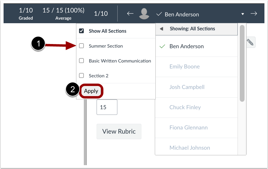 Multi-Select filter with the "Show All Sections" option checked and three sections available to be checked if only one section is desired. An Apply button is also highlighted.