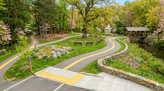 Walking paths that are accessible with curb cutouts and truncated domes for the journey
