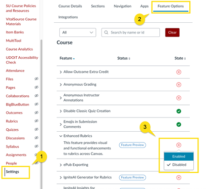 Step-by-step instructions for enabling Enhanced Rubrics in a course