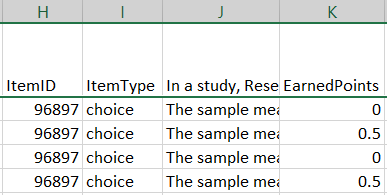 Quiz data of student responses in a spreadsheet
