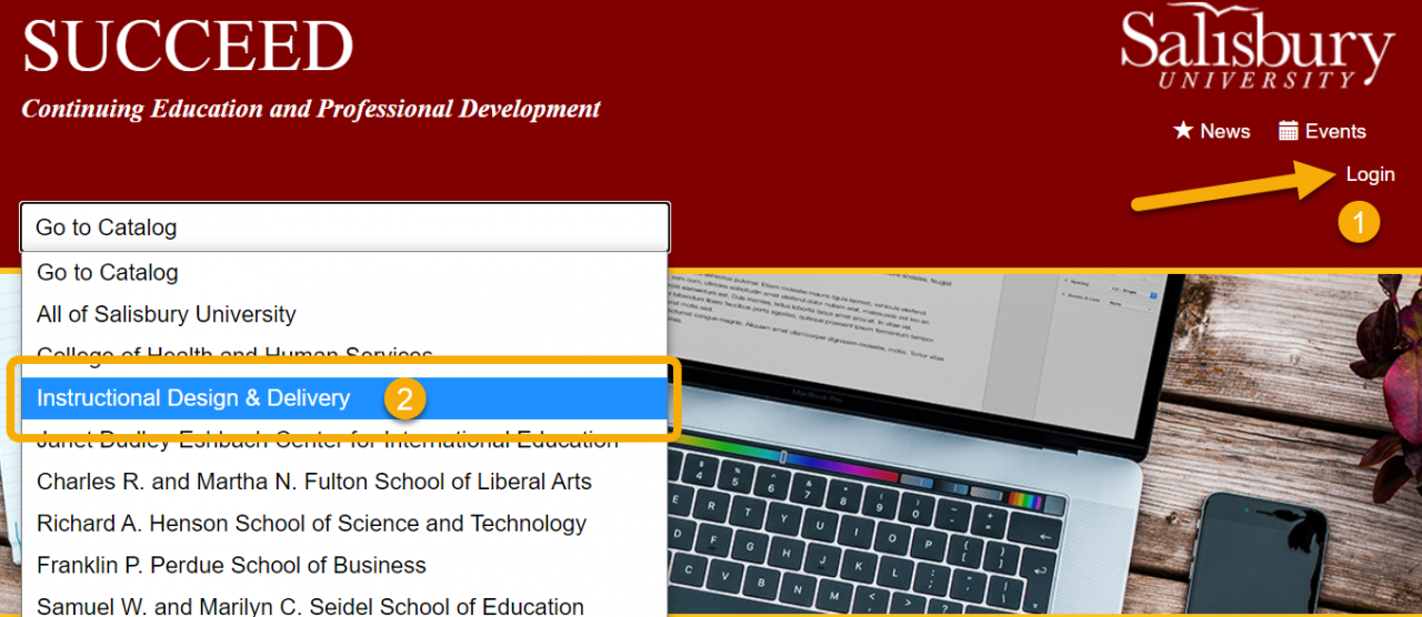 SUCCEED Login link and Catalog dropdown with Instructional Design & Delivery highlighted.
