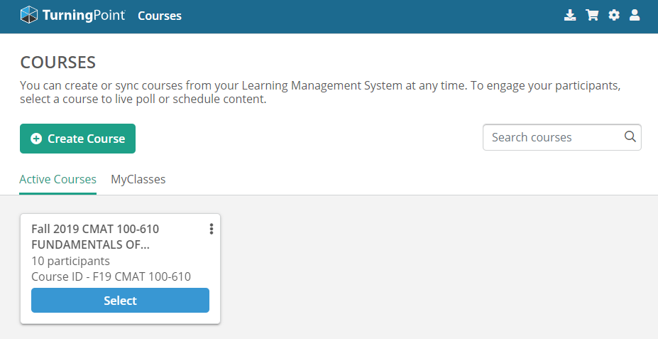 TurningPoint web dashboard listing Active Courses associated with TurningPoint and a MyClasses section to select additional courses to make Active in TurningPoint web.