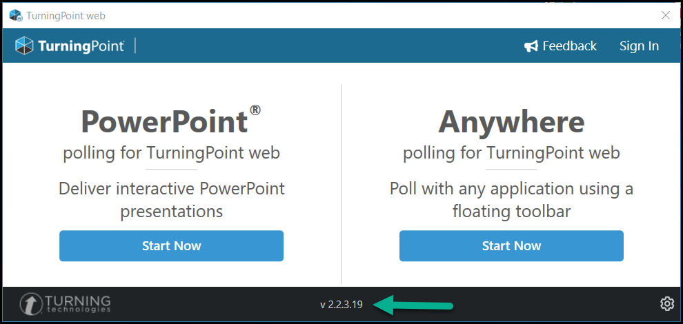 TurningPoint Web login page with an arrow pointing out the version number (v. 2.2.3.19)