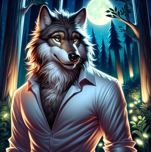 A wolf with a flowy, glorious mane in a crispy, clean shirt in a glowing forest, brightly lit by the moon.
