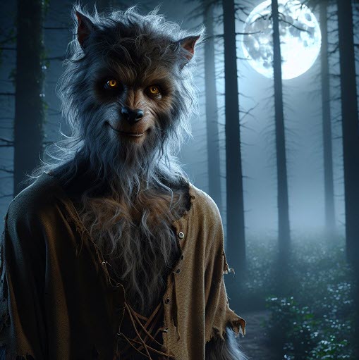 A scruffy werewolf in a torn, tattered shirt standing in a dark, foggy wood lit dimly by moonlight.