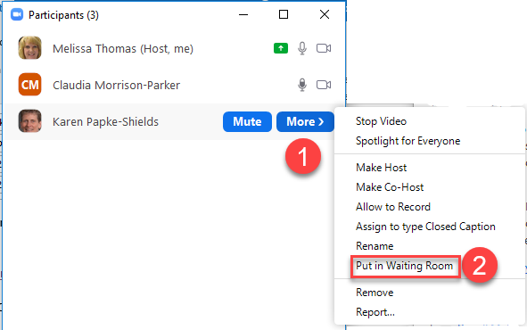 Zoom Participant "More" option menu with "Put in waiting room" selected