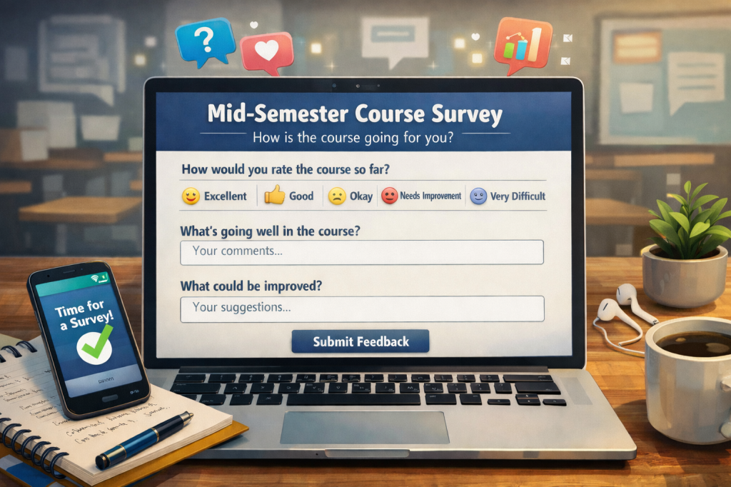 An open laptop sits on a table with a mid-semester course survey on the screen asking questions about how the course is going for the student. The computer is surrounded by study and comfort items, such as a cell phone with a "Time for a Survey" reminder on the screen, a notebook and pen, coffee, headphones, and a plant. 