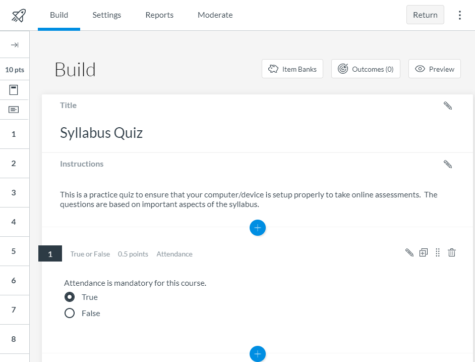 New Quizzes "Build" options in MyClasses