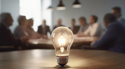 A round table with people and a lightbulb on the table