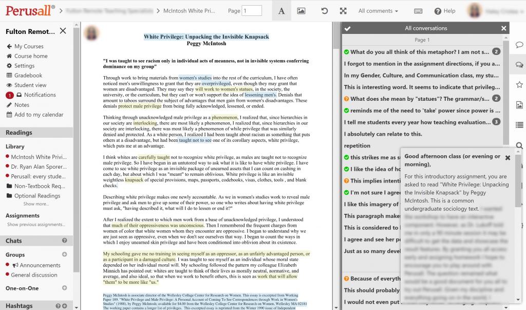 Perusall assignment with a list of annotation conversations to review.
