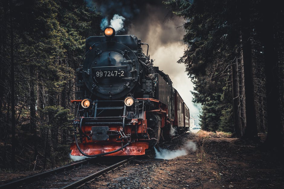 Train heading forward on tracks in a forest.