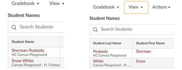 Side by side examples of gradebook names merged in a single column and gradebook names split into two columns of  Last Name, First Name.