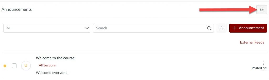 MyClasses Canvas Annoucements page with the glasses Student View icon highlighted.